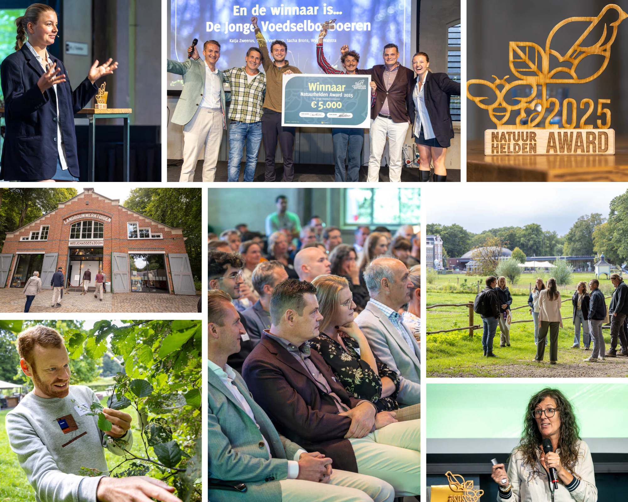 Collage van het natuurhelden Kennisevent met sfeerbeelden van de dag: een overzicht van de locatie in Loods Goes, een selectie van de keynotes aan het woord, de natuurheldenaward uitgelicht en een inkijkje in de workshops.
