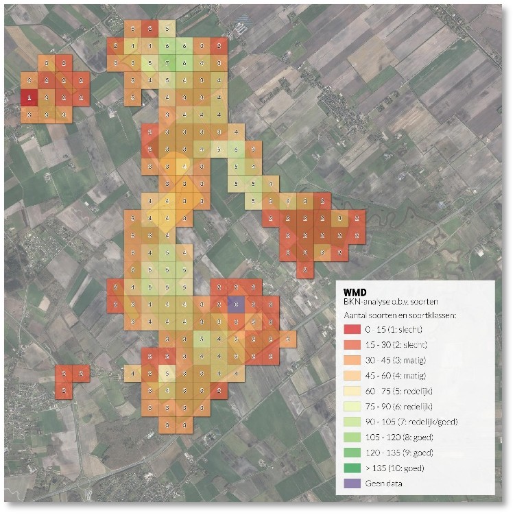 landschapsherstel wordt makkelijker met visueel inzichtelijke kaarten die duidelijk een score per deelgebied laten zien, mogelijk gemaakt door ecologische monitoring aan de hand van het basiskwaliteit natuurmodel.